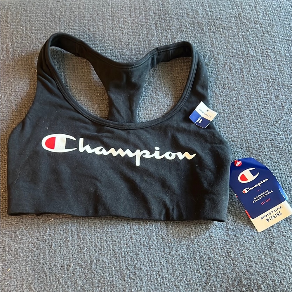 Champion Black Sports Bra with White Logo and Red Accent